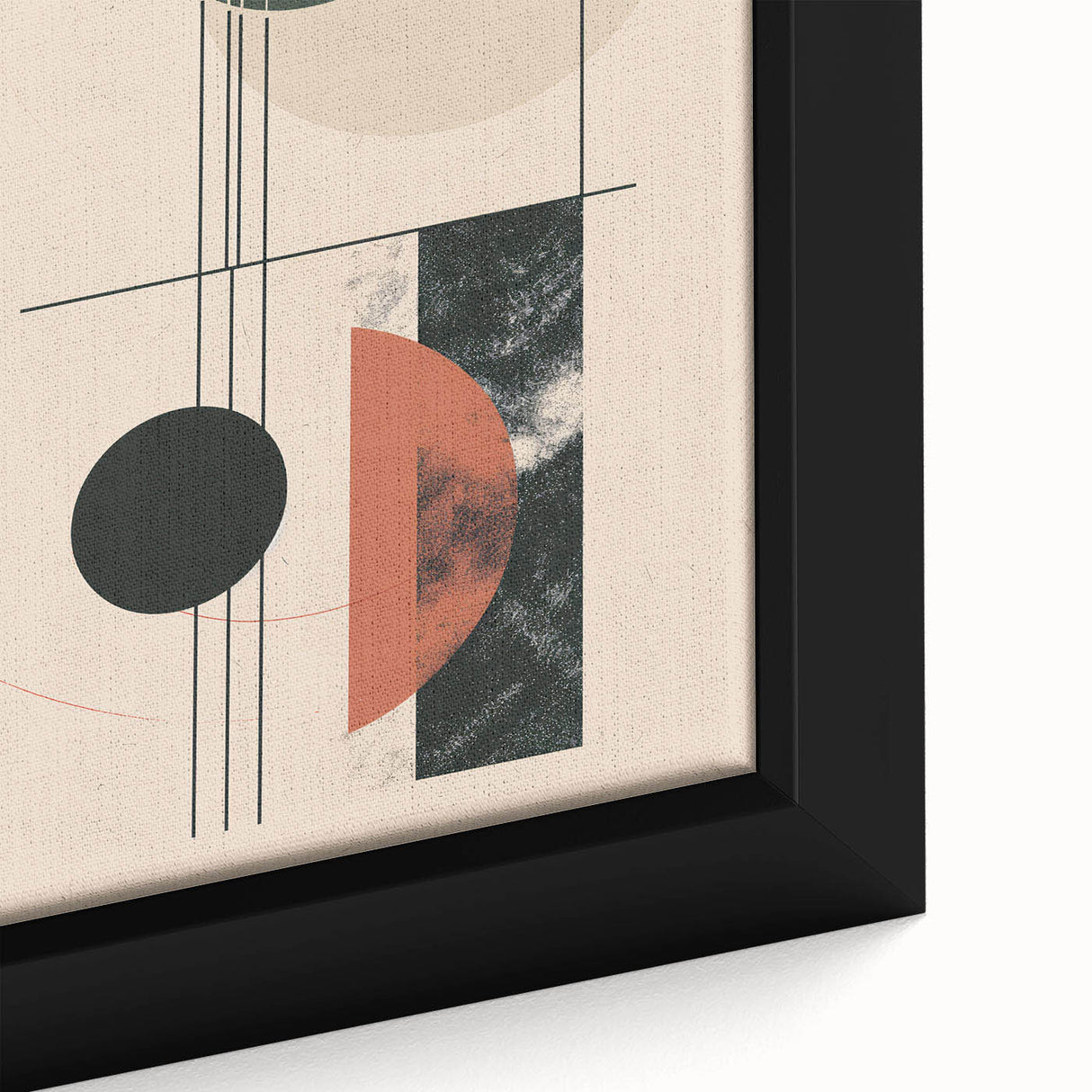 Close-up of an abstract minimalist wall art piece showcasing soft earth tones and geometric shapes, framed elegantly, enhancing modern decor aesthetics.