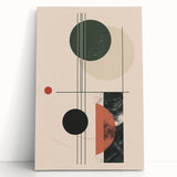 Abstract minimalist wall art collection featuring stretched canvas with a geometric design in soft pastel colors, elegantly leaning against a neutral wall, perfect for modern home décor.