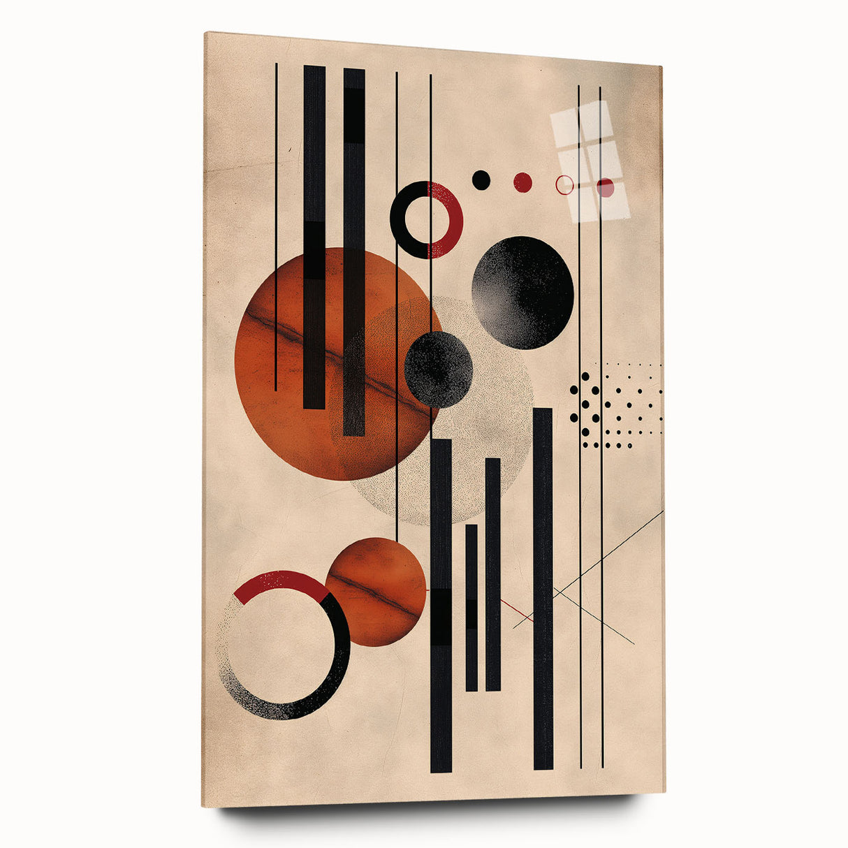 Abstract minimalist wall art collection featuring a sleek acrylic glass design showcasing geometric shapes and soft colors, displayed in a modern setting. The artwork emphasizes clean lines and a contemporary aesthetic, perfect for enhancing interior decor.