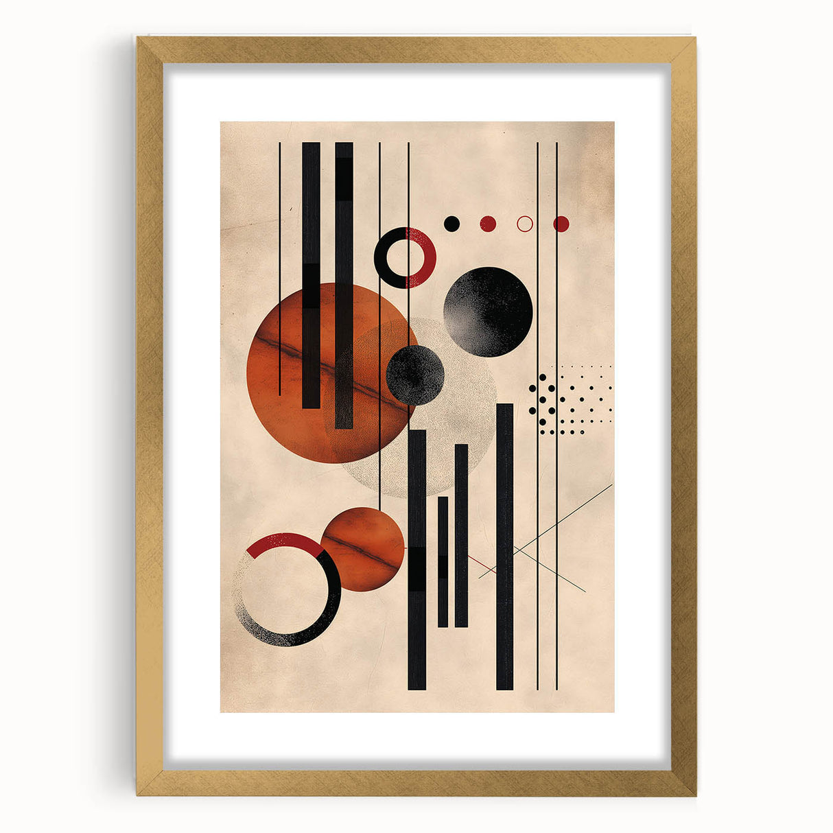 Abstract minimalist wall art collection featuring a framed piece with a gold mat, showcasing geometric shapes in soft colors, perfect for modern home decor.