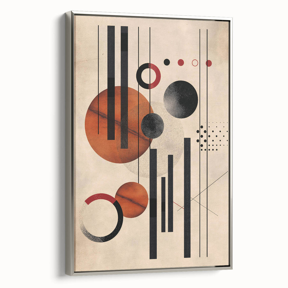 Framed abstract minimalist wall art design in silver, showcasing an elegant composition with soft colors, perfect for modern decor. Side view highlights the sleek frame and canvas texture.