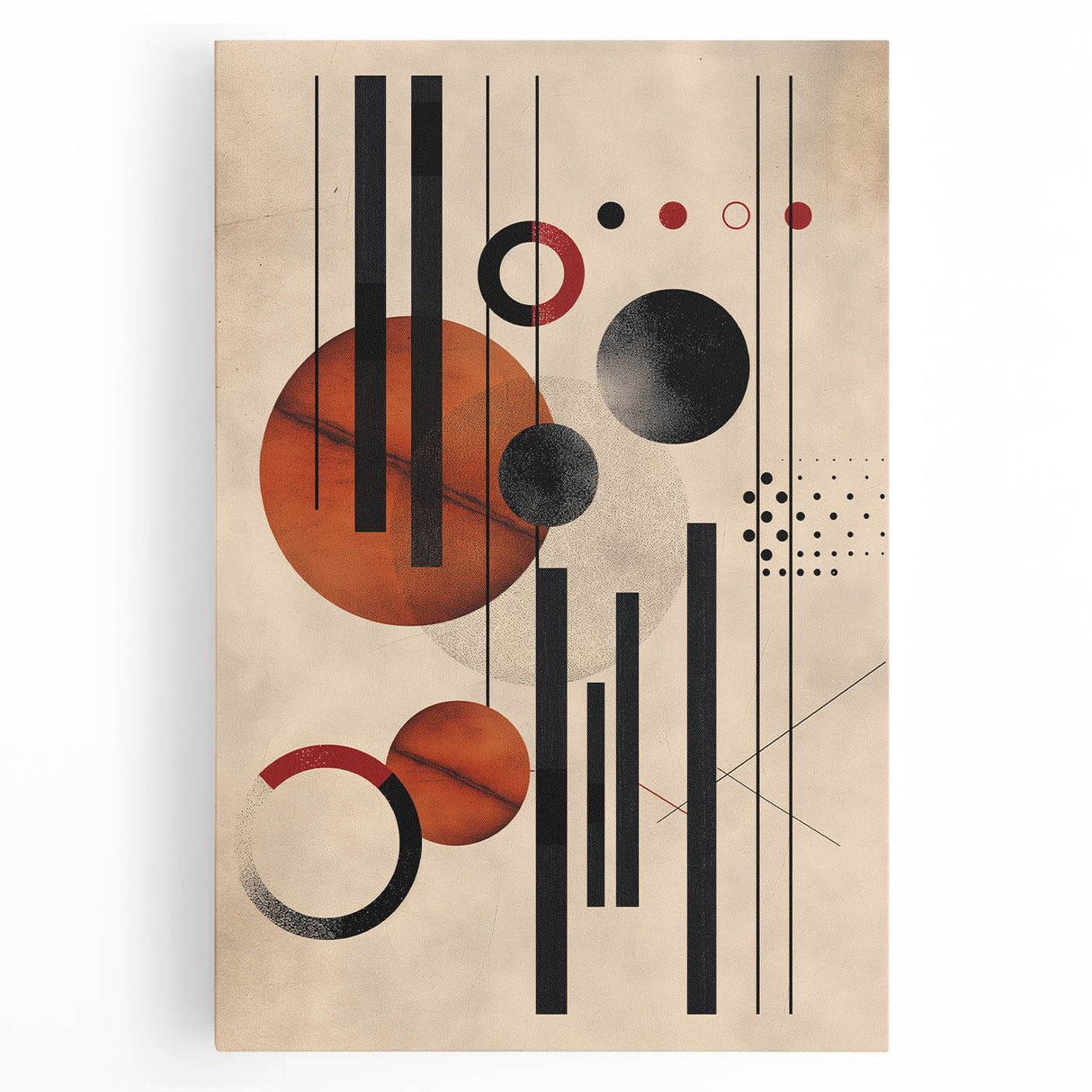 Abstract minimalist wall art featuring a vibrant color palette and geometric shapes, designed for modern decor, displayed in a front view on stretched canvas.