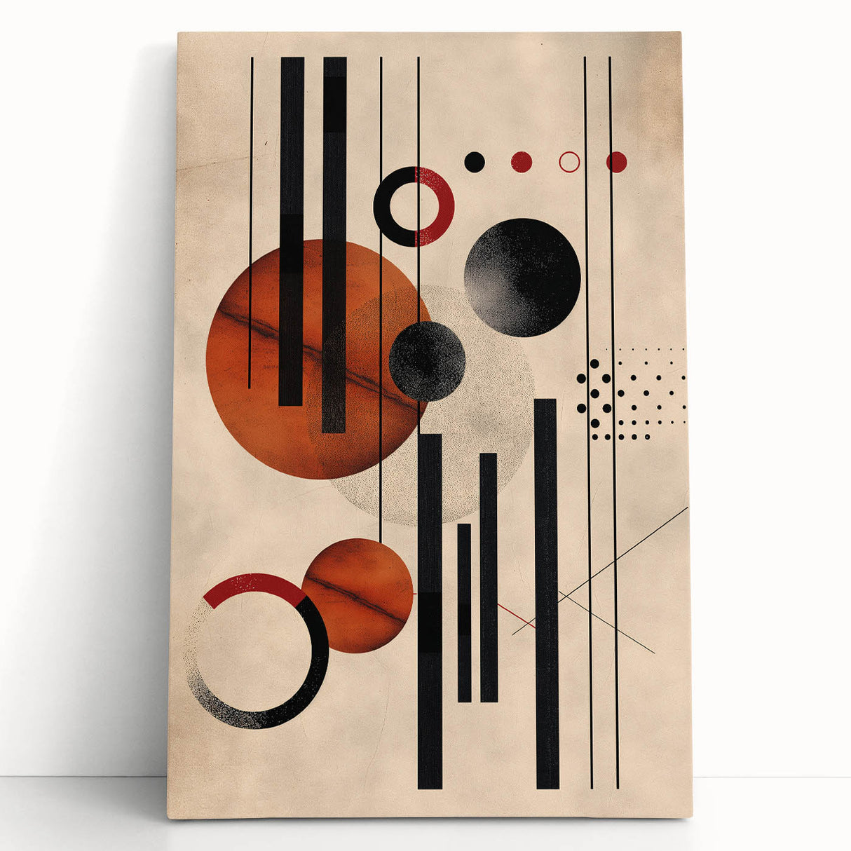 Abstract minimalist wall art design featuring soft earth tones and geometric shapes, printed on high-quality stretched canvas, leaning against a neutral wall for a modern aesthetic. Perfect for contemporary home decor, this artwork adds a touch of sophistication and style to any space.