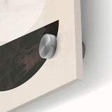 Close-up of an abstract minimalist wall art design featuring soft pastel colors and geometric shapes, displayed on acrylic glass, ideal for modern decor.