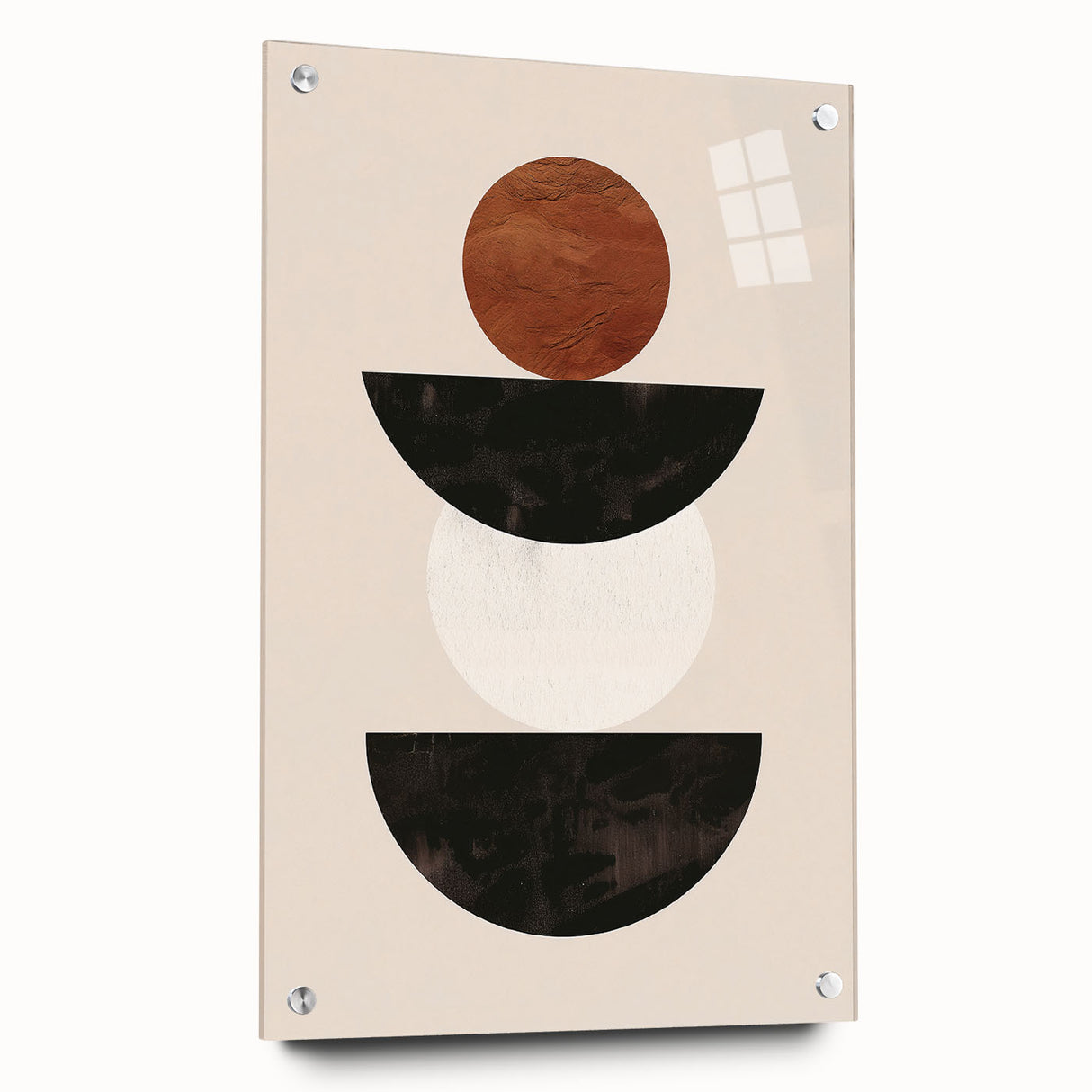 Abstract minimalist wall art collection displayed in a modern acrylic frame, showcasing a vibrant design with geometric patterns and bright colors, ideal for contemporary decor.