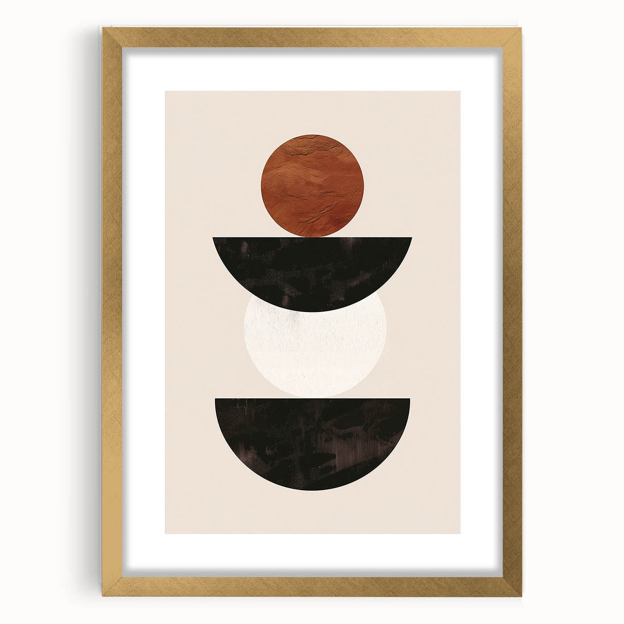 Abstract minimalist wall art collection featuring a gold-framed piece with a matte finish, highlighting geometric shapes and soft colors, perfect for modern decor.