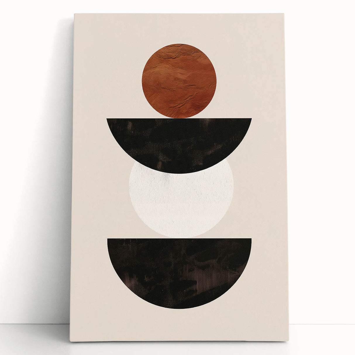 Abstract minimalist design wall art collection featuring a stretched canvas with soft pastel colors and geometric shapes, leaning against a neutral wall, ideal for modern decor.