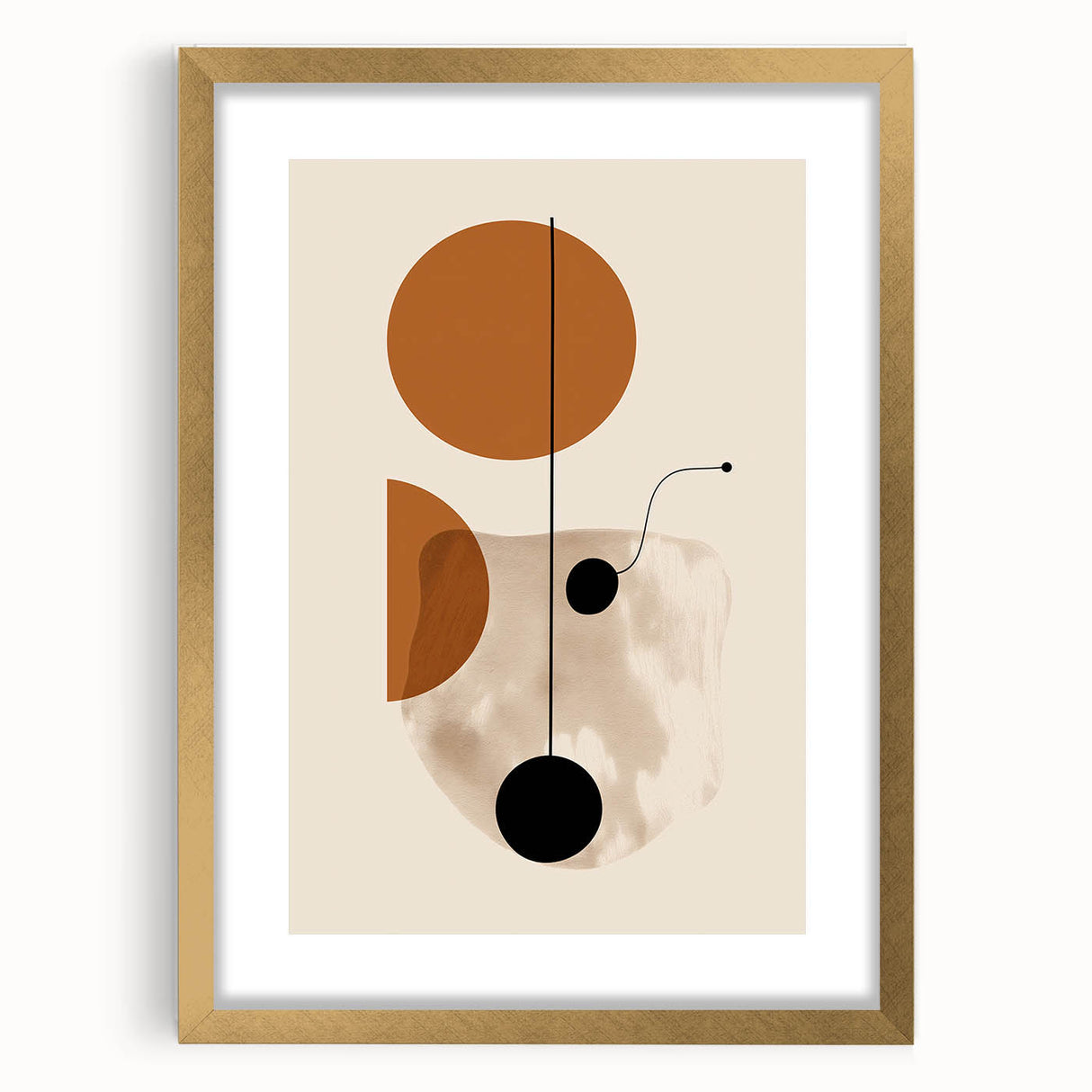 Abstract minimalist wall art design featuring a gold-framed piece with a mat, showcasing elegant geometric shapes and subtle color gradients, ideal for modern home decor.