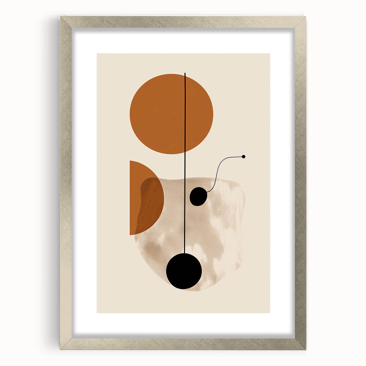 Abstract minimalist wall art collection featuring a silver-framed design with a mat, showcasing elegant geometric shapes in soft hues, perfect for modern home decor.