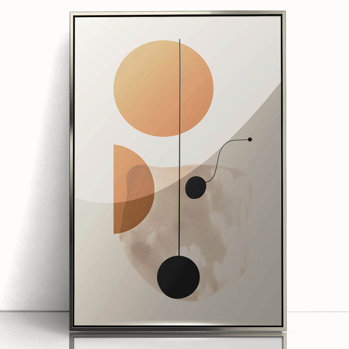 Framed abstract minimalist wall art design in silver, showcasing a contemporary aesthetic with geometric shapes, ideal for modern interior decor.