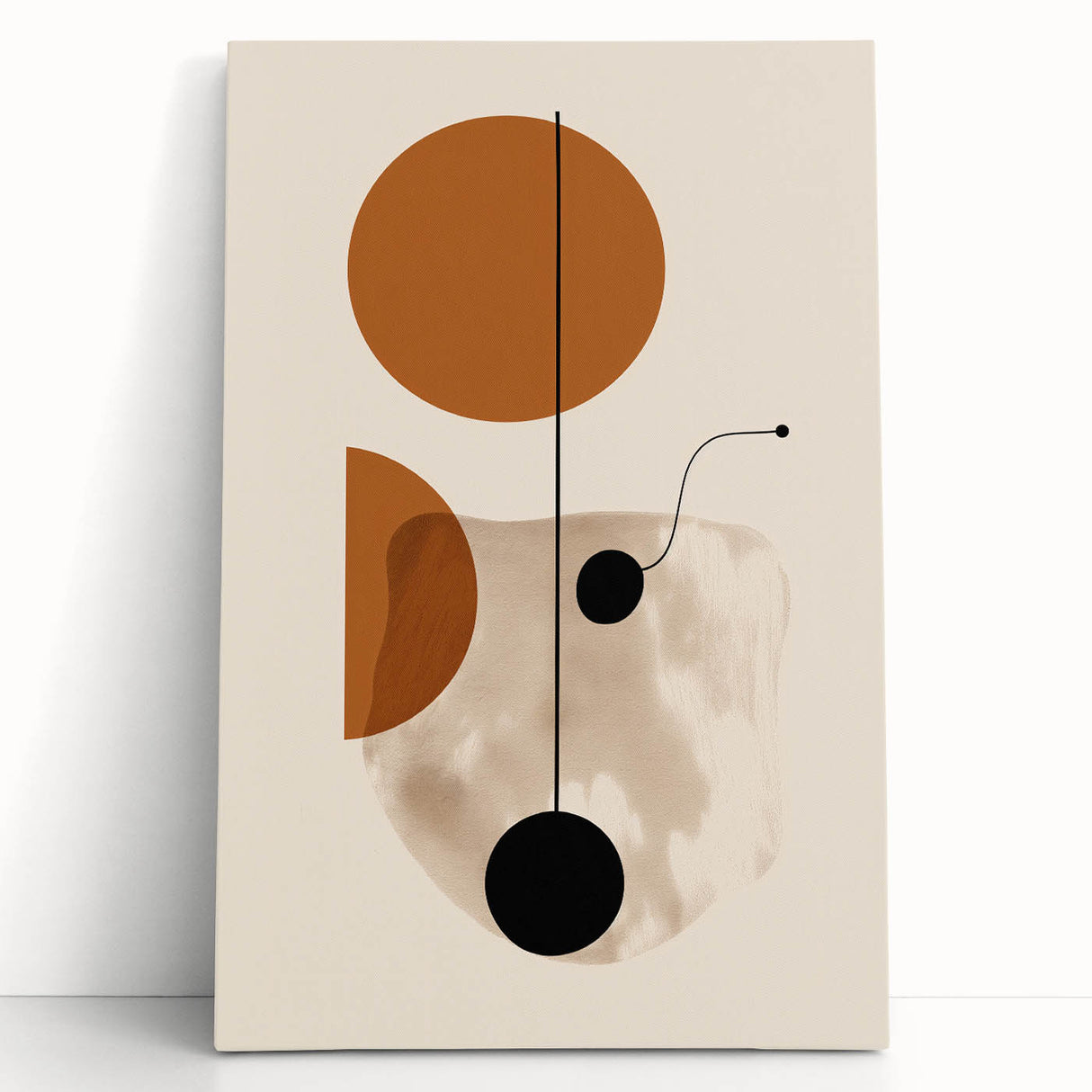 Abstract minimalist wall art collection featuring a stretched canvas design with soft earthy tones, elegantly leaning against a neutral background, perfect for modern home decor.