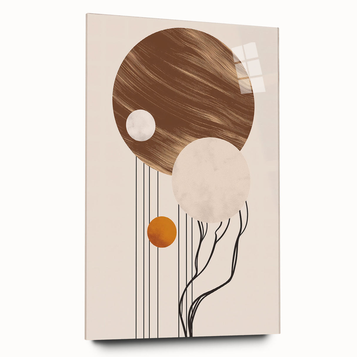 Abstract minimalist wall art collection displayed in a sleek acrylic glass frame, showcasing soft pastel colors and geometric shapes, ideal for modern decor.