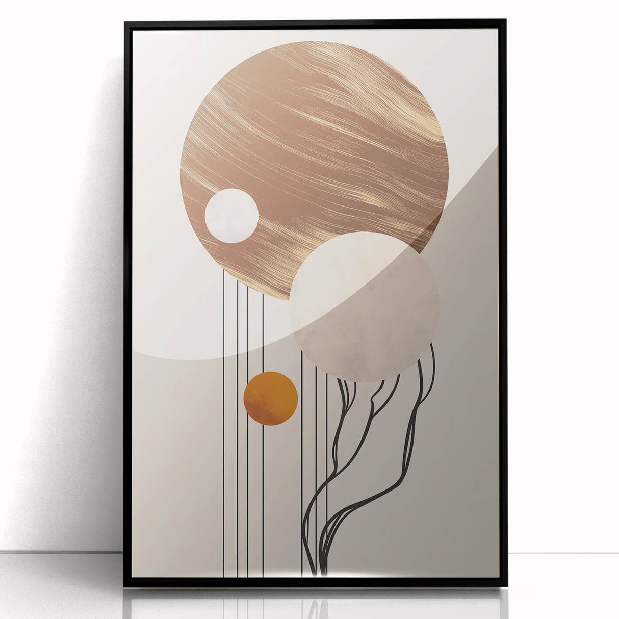 Framed abstract minimalist wall art design featuring a sleek black frame, showcasing geometric patterns in subtle colors, perfect for modern home decor.