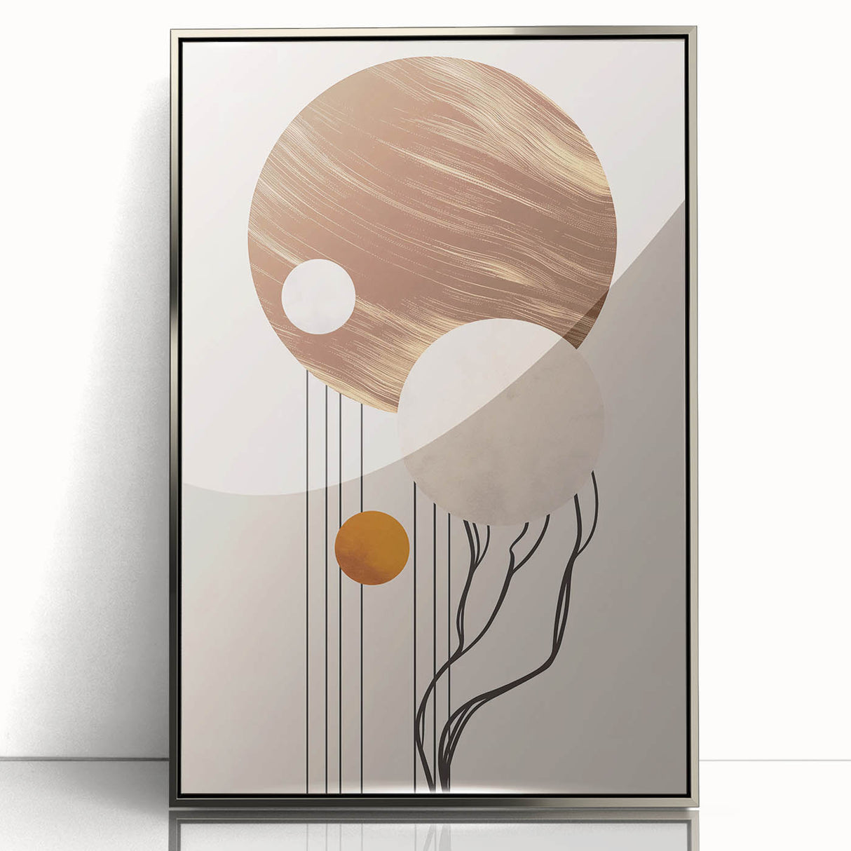 Framed abstract minimalist wall art showcasing a silver-acrylic finish, featuring geometric shapes and soft, neutral colors, ideal for contemporary home decor.