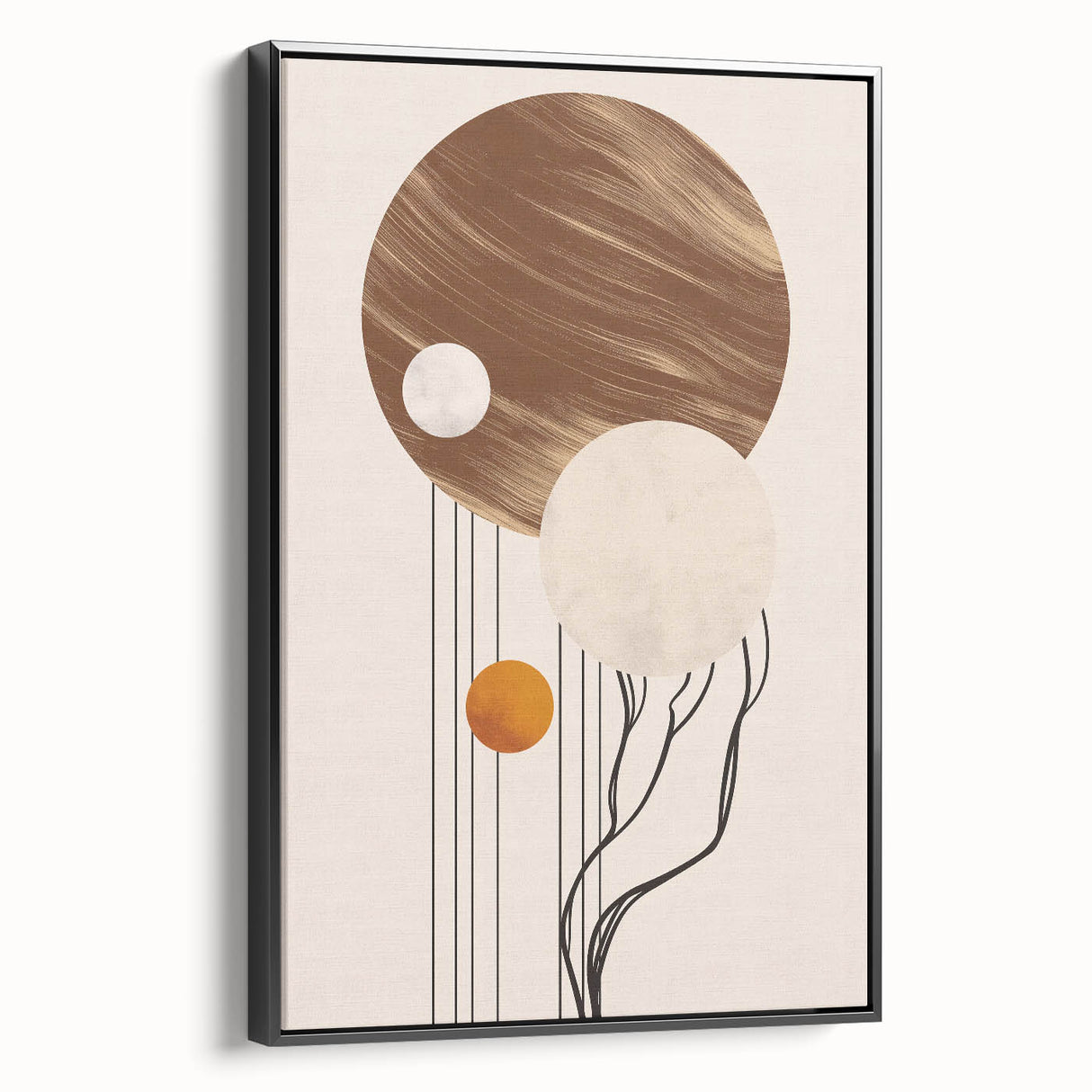 Framed canvas wall art featuring an abstract minimalist design with a sleek black frame, showcasing a contemporary aesthetic suitable for modern decor.