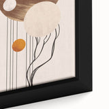 Close-up of an abstract minimalist wall art piece, showcasing a vibrant blend of colors and geometric shapes, elegantly framed for modern decor.