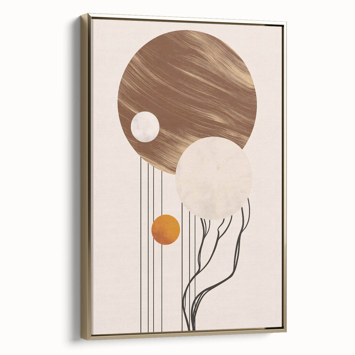 Framed abstract minimalist wall art with gold accents, showcasing a contemporary design. Perfect for modern decor, adding elegance to any space.