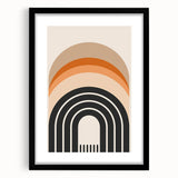 Abstract minimalist wall art collection featuring a black-framed piece with a mat, showcasing geometric patterns and soft color hues, ideal for modern decor.