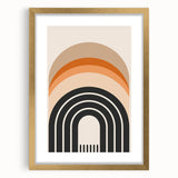 Abstract minimalist wall art design featuring a gold-framed piece with a matte finish, showcasing geometric shapes and soft hues, perfect for modern decor.