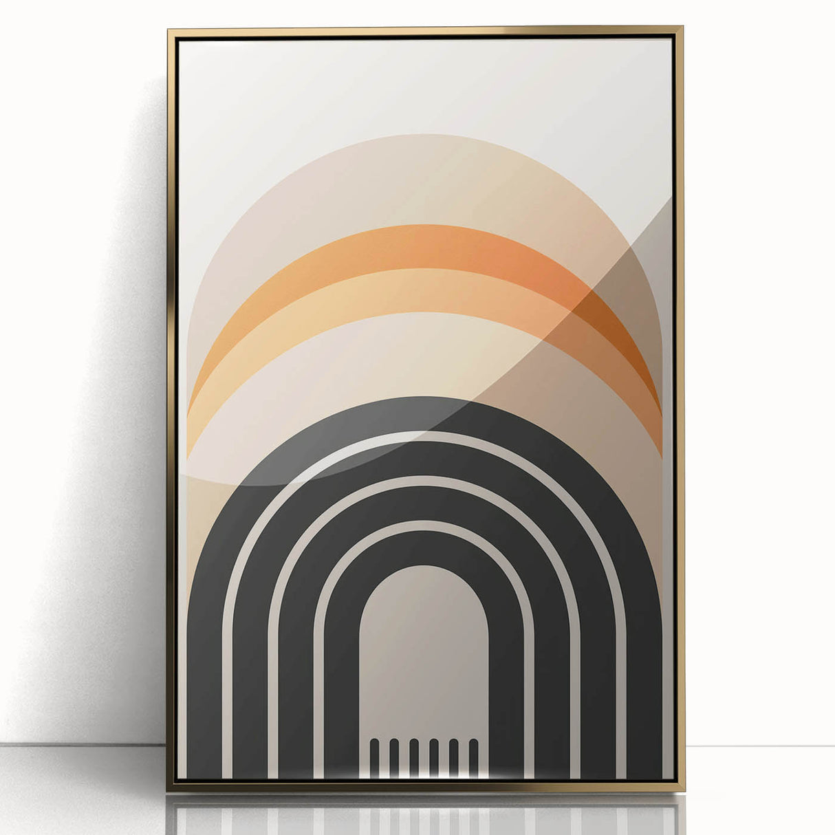 Framed abstract minimalist wall art in a gold-acrylic finish, showcasing a sleek design with warm tones, perfect for modern home decor and interior styling.