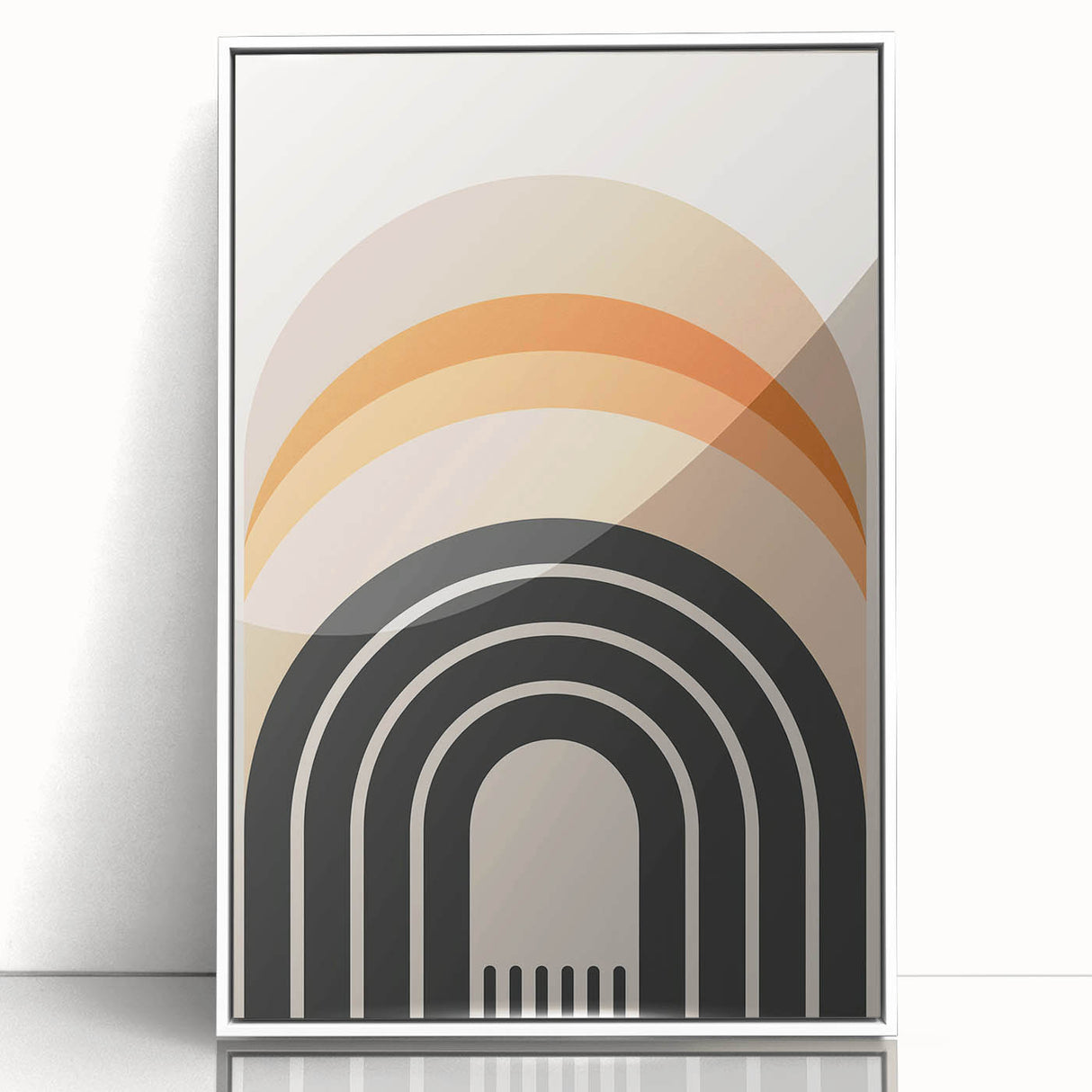 Framed abstract minimalist wall art design in sleek white frame, showcasing geometric shapes and soft color palette, perfect for modern home decor.