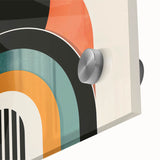 Close-up of an abstract minimalist wall art piece showcasing vibrant colors and geometric shapes, designed for modern decor, printed on high-quality acrylic glass.