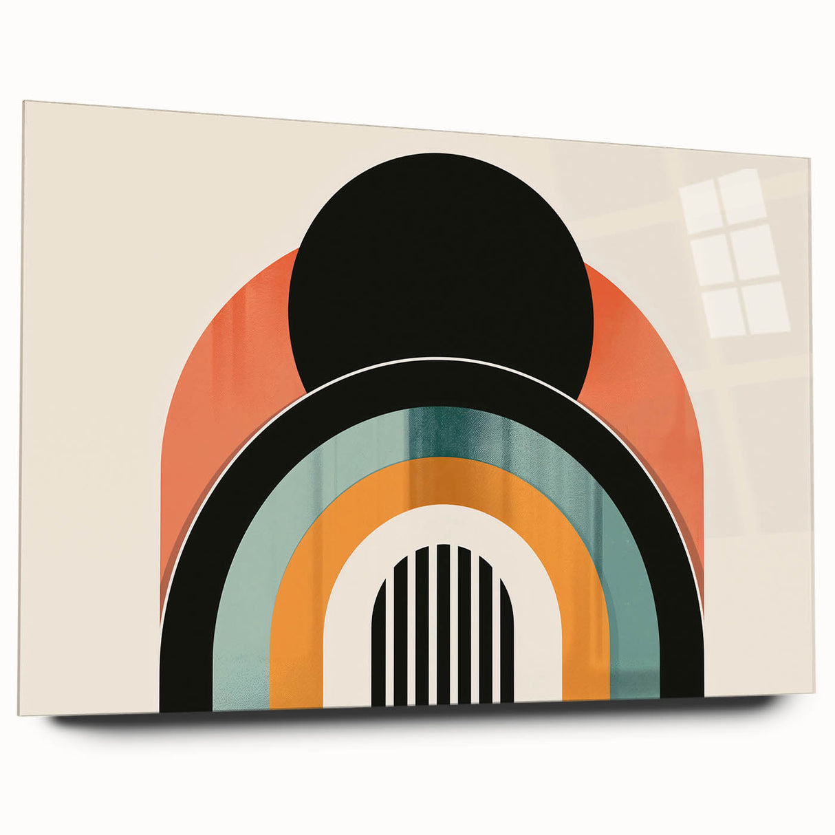Abstract minimalist wall art design featuring a sleek acrylic glass frame, showcasing a modern geometric pattern in neutral tones, perfect for contemporary decor.