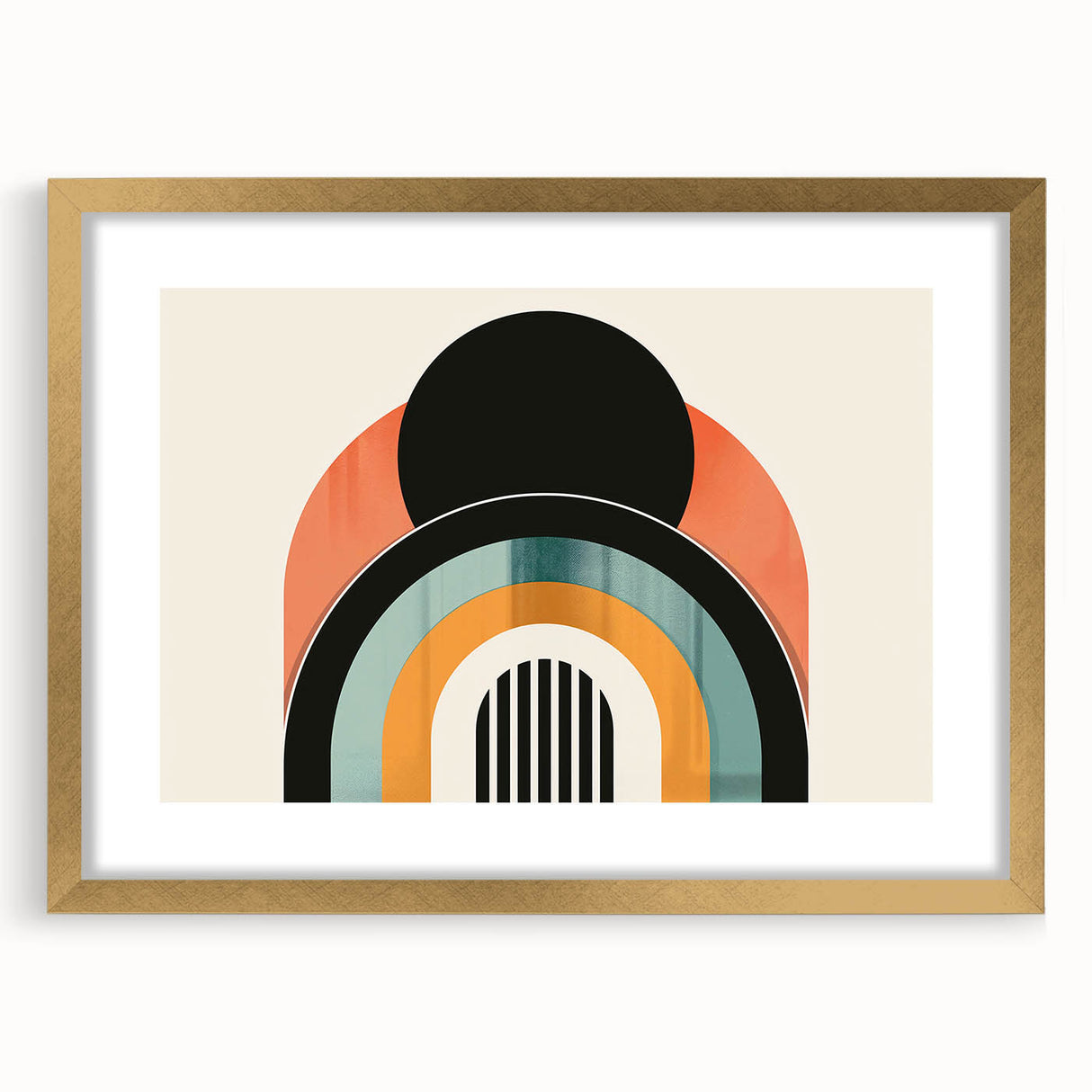 Abstract minimalist wall art design featuring a gold frame with a mat, displayed from the front. The artwork showcases elegant geometric shapes and soft colors, ideal for modern decor. Perfect for enhancing living spaces or offices with a touch of sophistication.