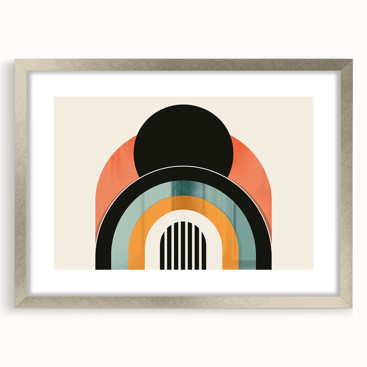 Abstract minimalist wall art design featuring a sleek silver frame with a mat, showcasing a contemporary aesthetic suitable for modern home decor. The artwork combines subtle colors and geometric shapes, enhancing any living space with elegance and style.