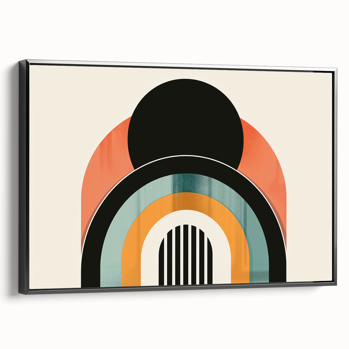 Framed abstract minimalist wall art in black, showcasing geometric designs on canvas, ideal for modern home decor or office aesthetics.