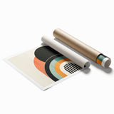 Abstract minimalist wall art print showcasing soft pastel colors and geometric shapes, ideal for modern home decor, elegantly rolled for easy display.