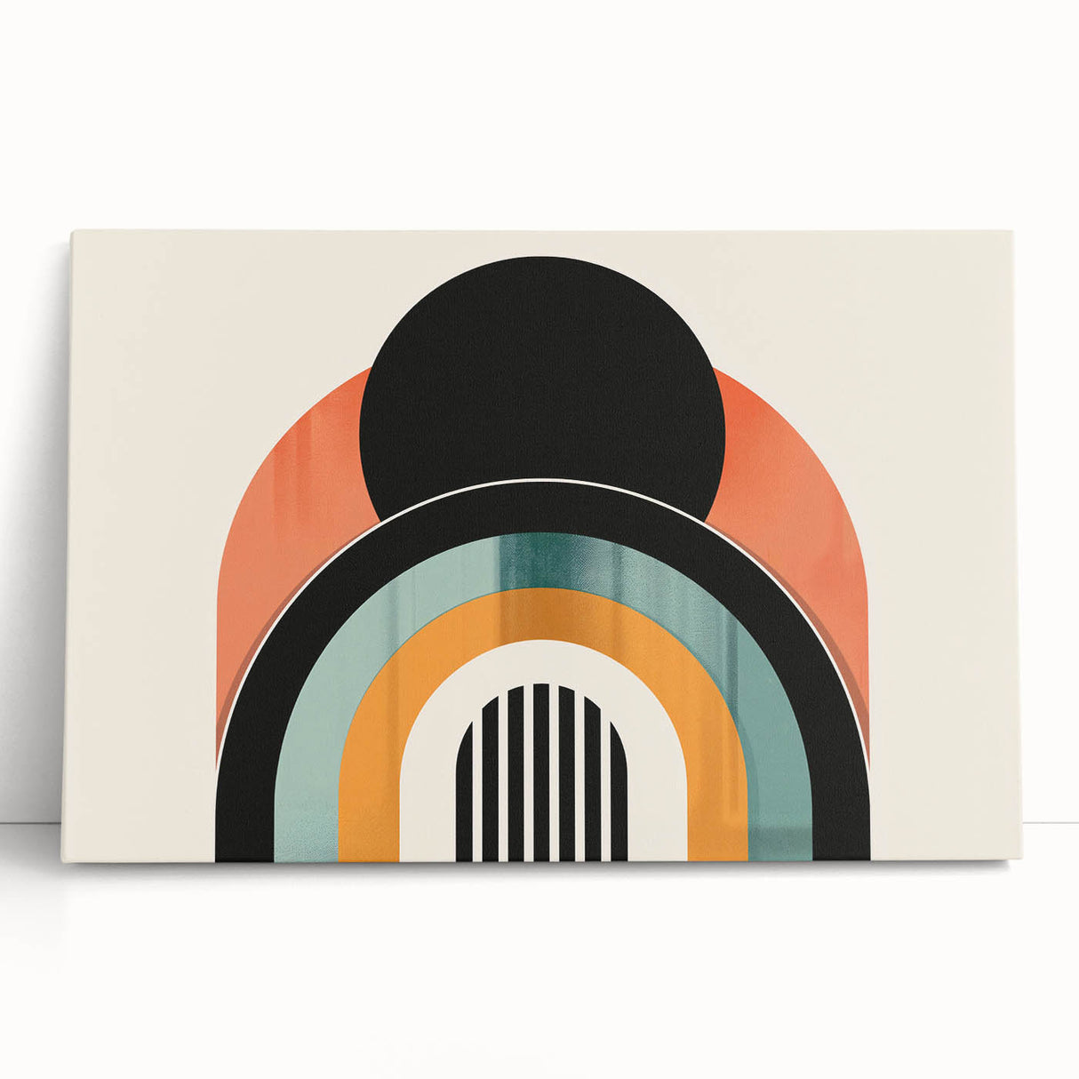 Abstract minimalist wall art featuring soft pastel colors and geometric shapes, designed for modern decor. Stretched canvas artwork leaning against a wall, adding elegance to interior spaces.
