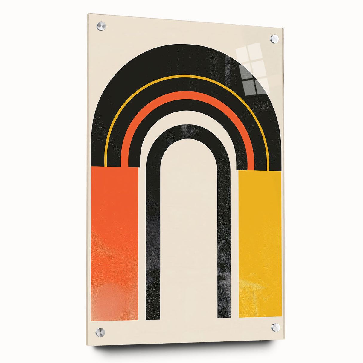 Abstract minimalist wall art collection displayed in a modern setting, featuring a sleek acrylic glass frame and decorative pins, showcasing clean lines and a harmonious color palette. Perfect for contemporary home décor.
