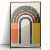 Abstract minimalist wall art featuring a framed acrylic design in gold tones, showcasing geometric shapes and sleek lines, perfect for modern decor.
