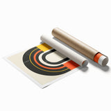 Abstract minimalist wall art print featuring soft pastel colors and geometric shapes, elegantly rolled for display; perfect for modern home decor.