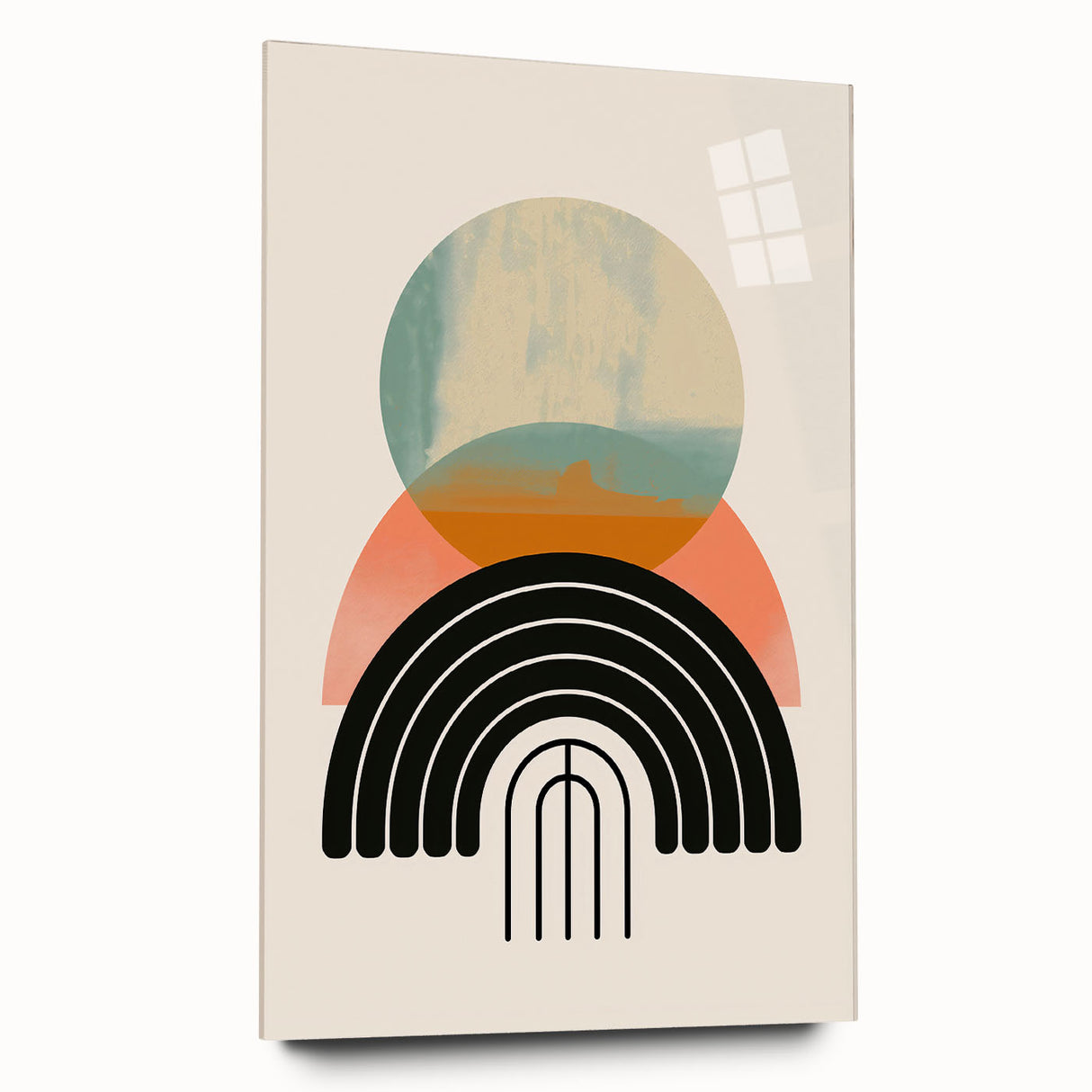 Abstract minimalist wall art featuring a geometric design in soothing pastel colors, displayed in an elegant acrylic frame with a side view showcasing its sleek profile. Perfect for modern home decor, this artwork adds a touch of sophistication to any space.