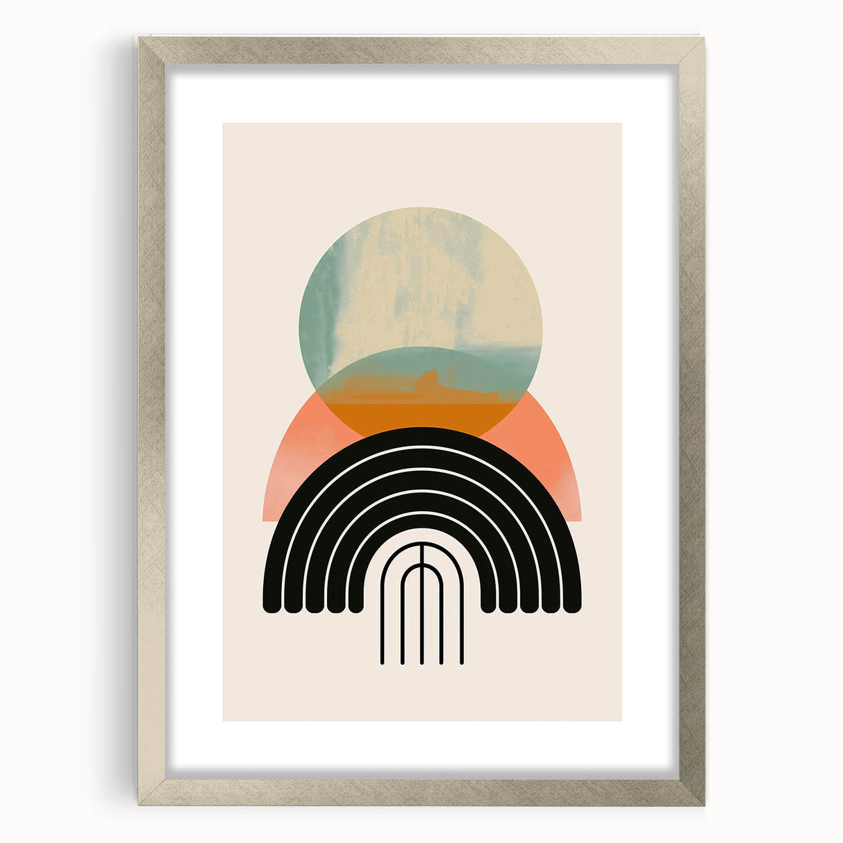 Abstract minimalist wall art featuring a silver-framed design with a mat, showcasing geometric shapes in soft tones, perfect for modern home decor accents.