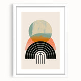 Framed abstract minimalist wall art featuring a geometric design in soothing earth tones, presented with a white mat, perfect for modern home decor.