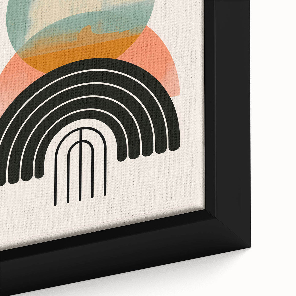 Close-up of a framed abstract minimalist wall art piece showcasing soft pastel colors and geometric shapes, ideal for modern home decor, enhancing contemporary interiors.