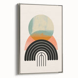 Framed abstract minimalist wall art design with a silver border, showcasing geometric patterns in soft hues, perfect for modern home decor.