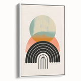 Framed canvas artwork showcasing an abstract minimalist design, featuring soft neutral tones and a sleek white frame, ideal for modern home decor.