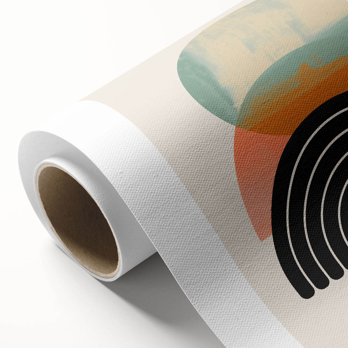 Abstract minimalist wall art design in soft pastel colors, showcasing geometric shapes and fluid lines on rolled canvas, perfect for modern decor.