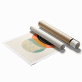 Abstract minimalist wall art showcasing a vibrant geometric design in shades of blue and orange, rolled and ready for framing, ideal for modern home decor.