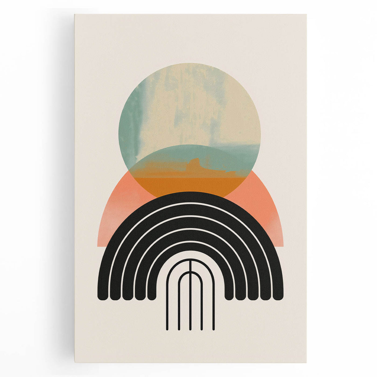 Abstract minimalist wall art showcasing a serene design in soft pastel colors, featuring fluid shapes and textures on a stretched canvas, ideal for modern decor.