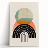 Abstract minimalist wall art design showcasing soft pastel colors and geometric shapes on stretched canvas, leaning against a neutral wall, ideal for modern home decor.