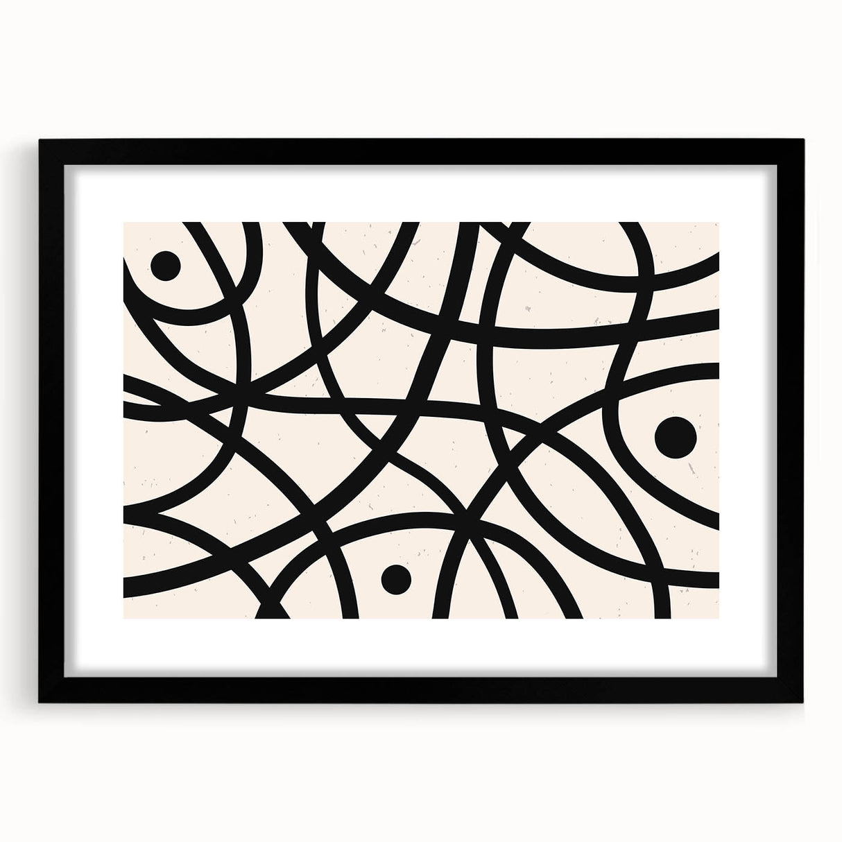 Abstract minimalist wall art collection framed in black with a white mat, showcasing geometric shapes and soft colors. Ideal for contemporary home decor.