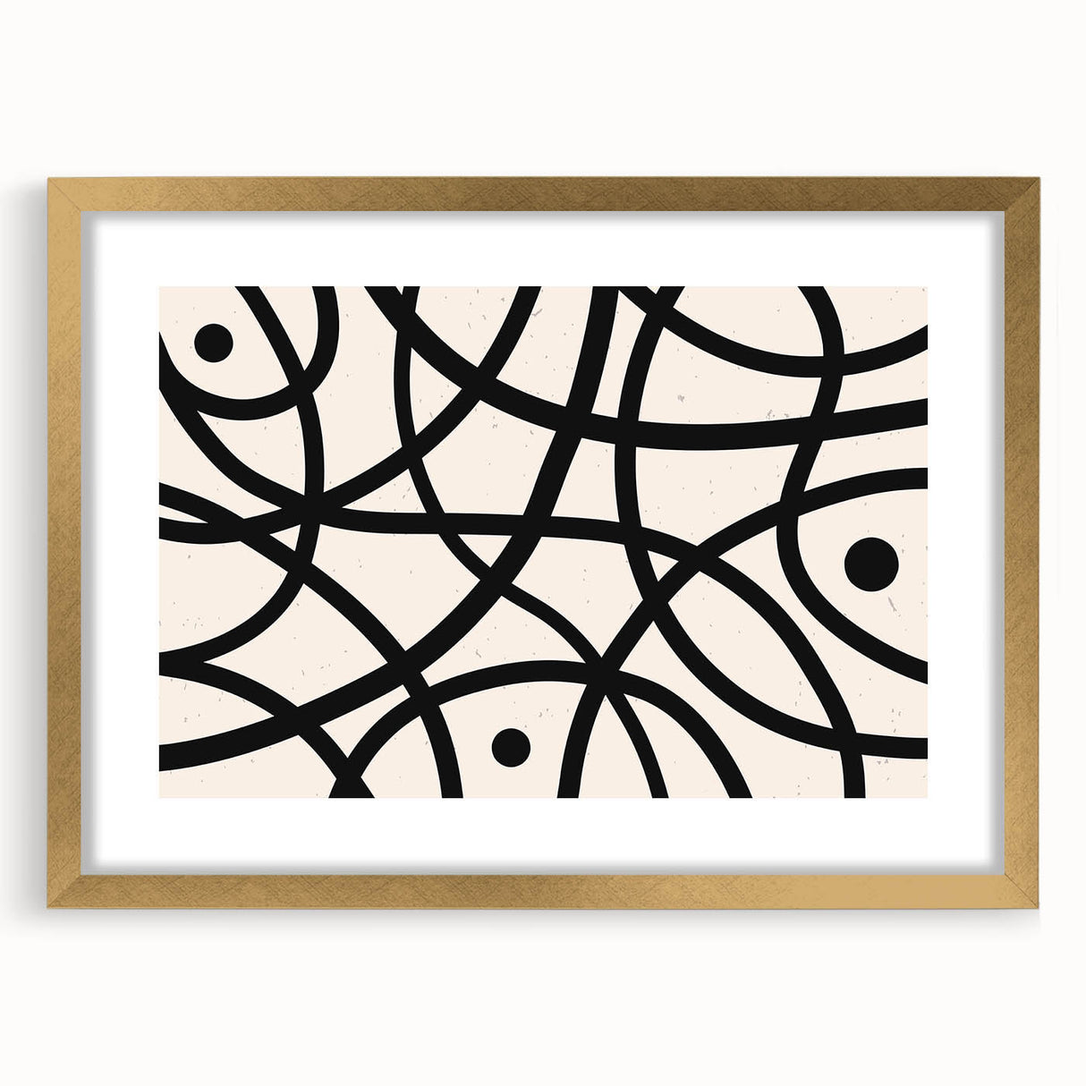 Abstract minimalist wall art design framed in gold with a mat, showcasing geometric patterns in soft tones, perfect for modern home decor.