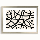 Minimalist abstract wall art design framed in silver with a mat, showcasing geometric shapes and muted colors, perfect for modern home decor.