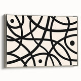 Framed minimalist wall art design showcasing abstract shapes in soft silver tones, perfect for modern decor. Side view highlights the elegant frame and canvas texture.