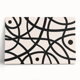 Abstract minimalist wall art design featuring soft pastel colors and geometric shapes on a stretched canvas, leaning against a wall in a modern interior setting.